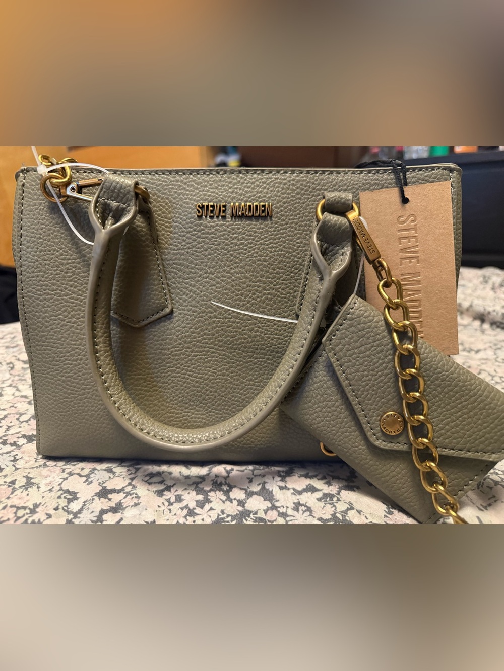 Steve Madden Olive Green Pebbled Leather Satchel with Gold Hardware